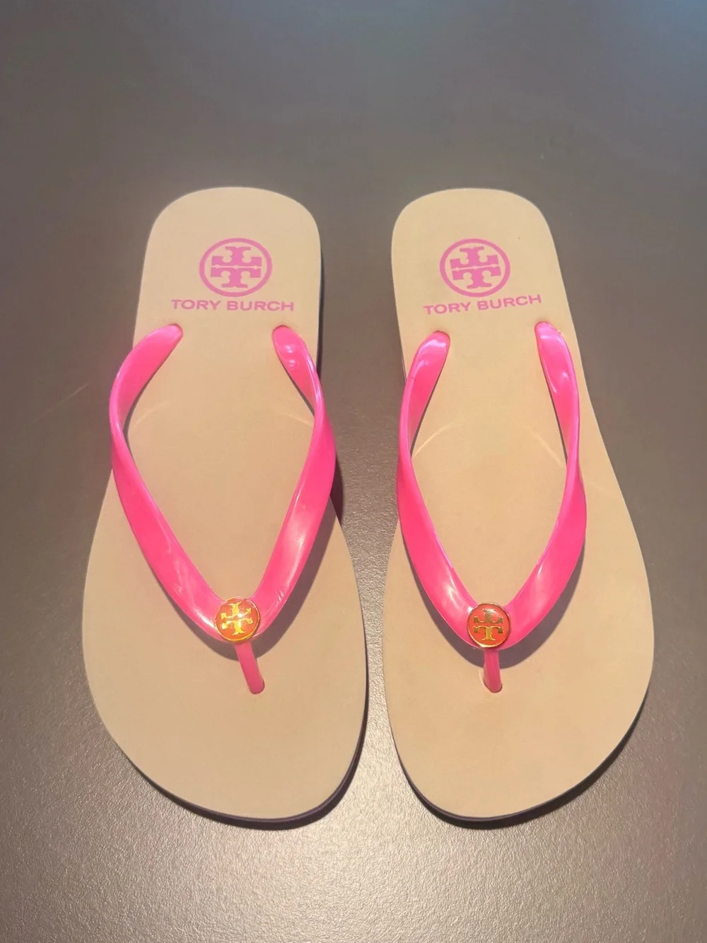 Tory Burch Eva Pink Tan Stripe side Logo Flip Flop Sandals Size 5-6